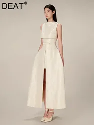 DEAT Elegant Dress Backless Sleeveless High Split Jacquard Sequins Waist Women's Long Dresses 2024 Spring New Fashion 13DB4582