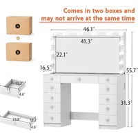 Vanity Desk with Power Outlet, Makeup Vanity with Mirror and 14 LED Light, 3 Lighting Modes,11 Drawer Vanity Table with Sl 2