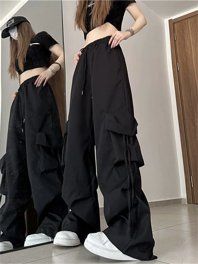 Korean Style Yellow Cargo Pants Woman  American Retro Pink Parachute Trousers  Streetwear Hip Hop Sweatpants