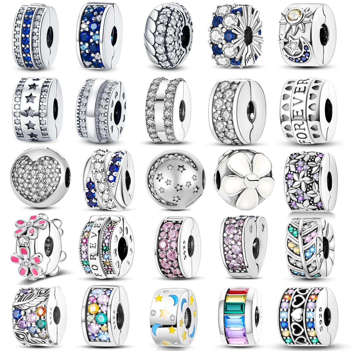 925 Sterling Silver Beads Charms CZ pave Clip Daisy Stopper Safety Chain fit Original Bangle Bracelet Jewelry Clip