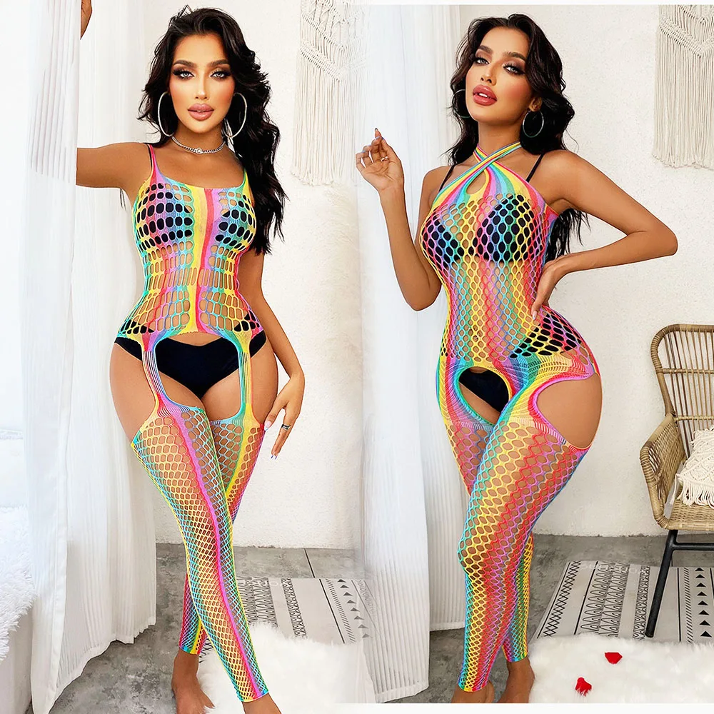 Women Underwear Sexy Lingerie Rainbow Fishnet Body Stockings Lingerie Open Crotch Underwear Suspender Babydoll Mesh Tight