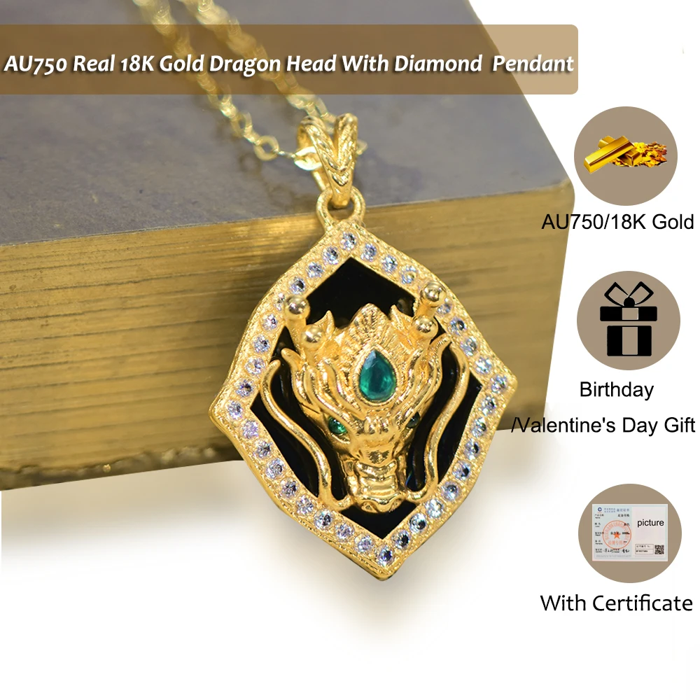 

Au750 Pure Natural Onyx Pendant For Women Dragon Head Diamond Necklace 100% Real Gold 18K Original Gold Jewelry With Certificate