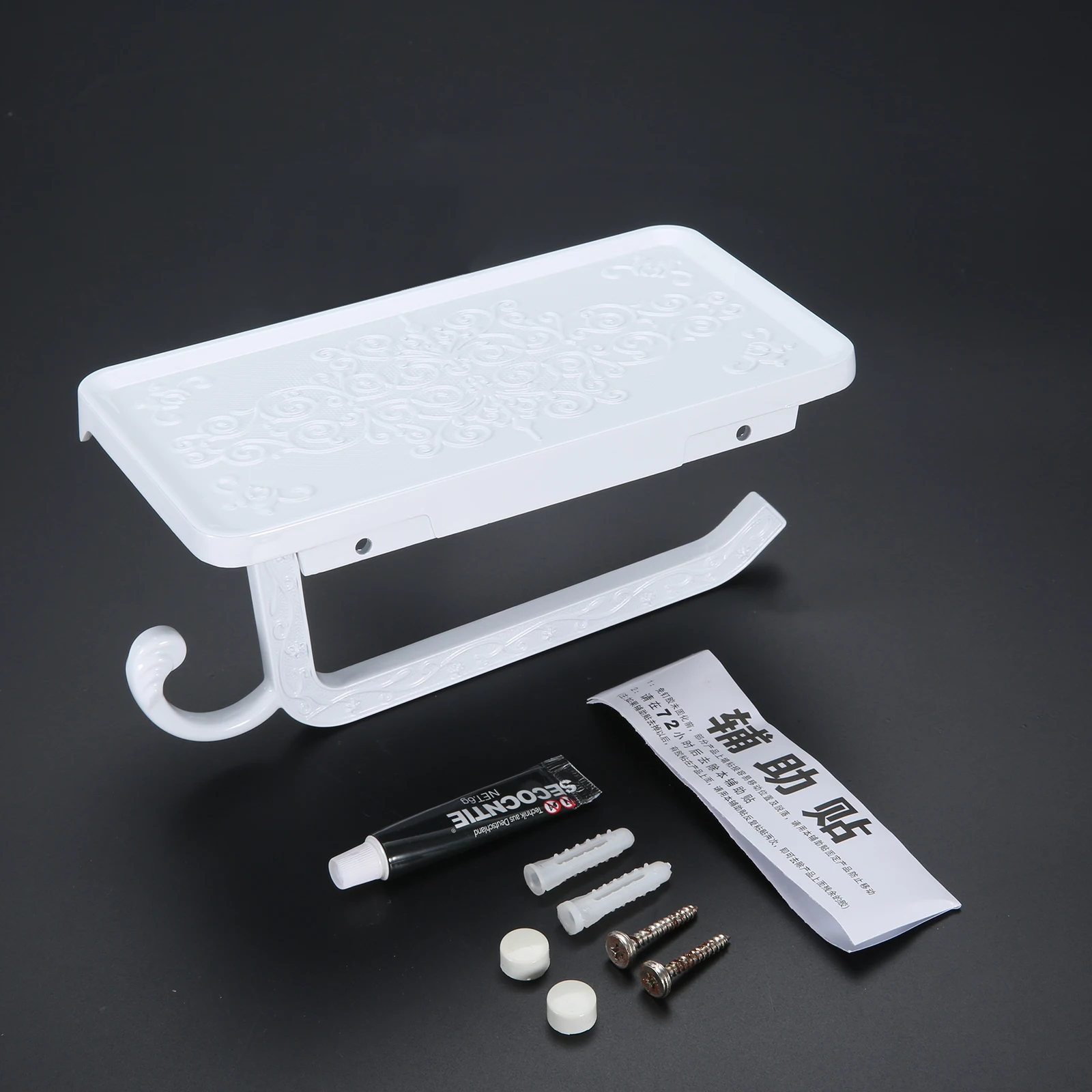 

Wall Mounted Retro White Flower Carving Home Bathroom Towel Toilet Tissue Paper Roll Holder Hook with Phone Shelf Aluminum Rack