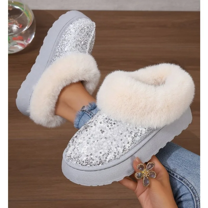 여성용 스노우 부츠, 벨벳 스팽글 라인스톤, 슬립온 플러시, 겨울 짧은 부츠, 신상