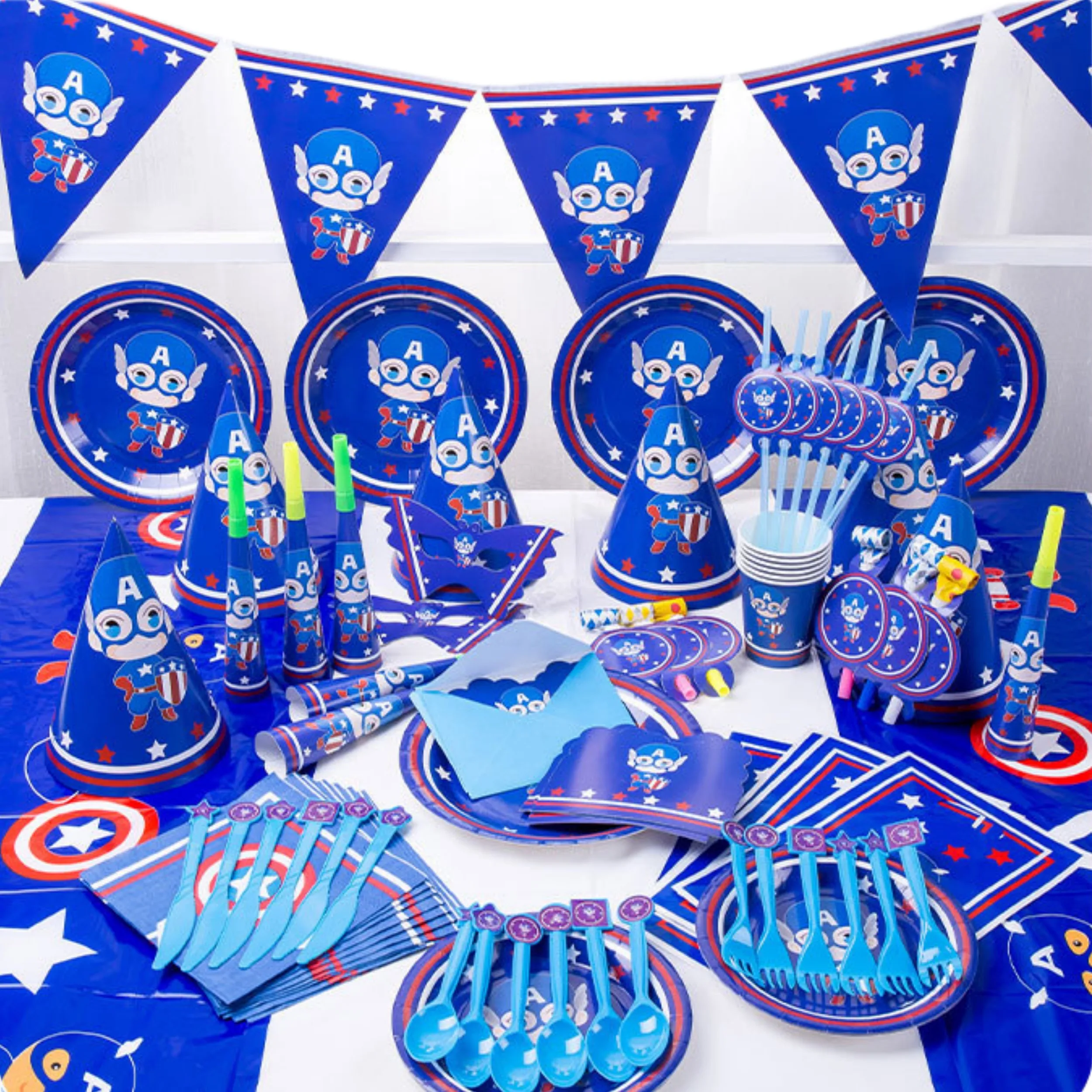

Cartoon Captain America Theme Birthday Party Balloon Decoration Disposable Tableware Set Baby Shower Background Cloak Bag