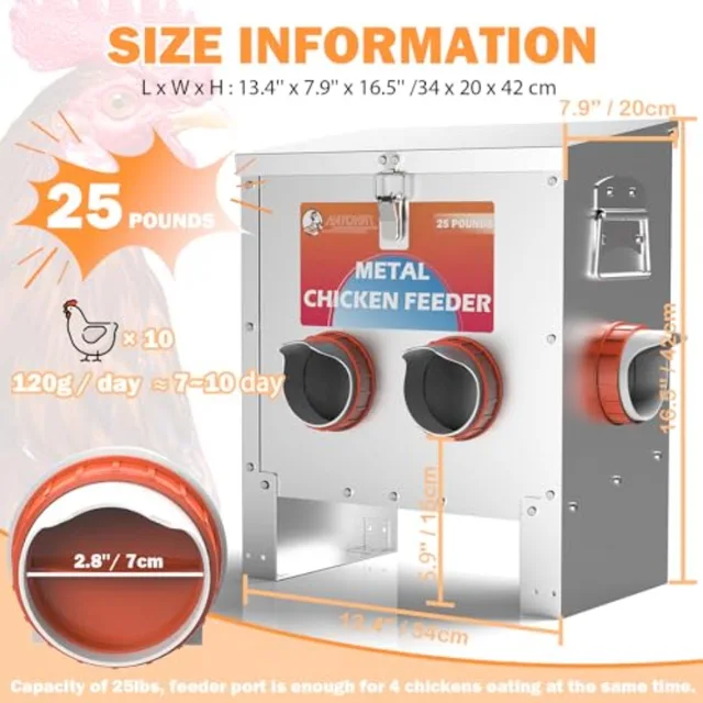 Automatic Chicken Feeder No Waste 25 Pounds Metal Poultry Feeder with Latch and Handle for Chickens Bantams Pheasants Poultry C