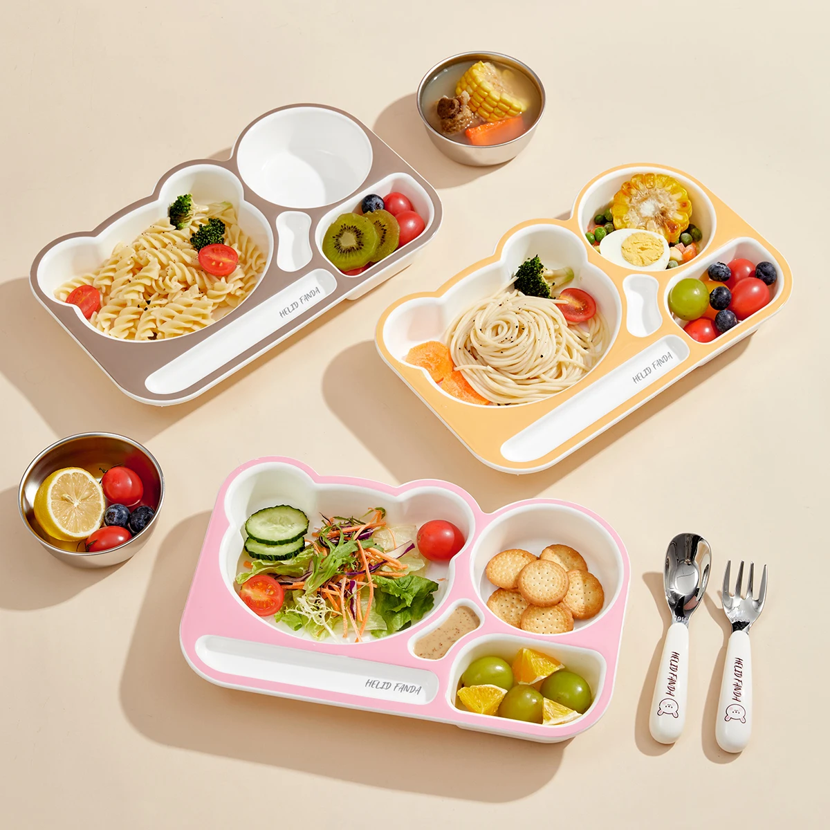 WORTHBUY New Cartoon Plastic Divided Dinning Plate With Soup Bowl Reusable Food Plates For Kids Microwave Safe Food Serving Tray