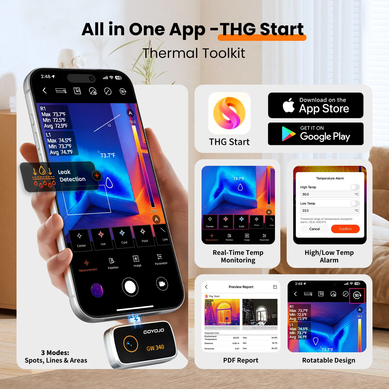 GW340 iPhone & Android Thermal Camera, 512x384 Super Resolution, 256x192 IR Reso