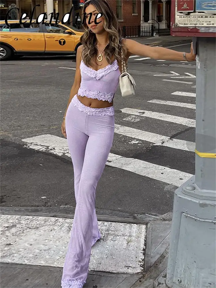 

Летний топ с цветочной отделкой Celandine и расклешенные брюки, комплект из 2 предметов, сексуальный Повседневный Женский костюм Y2K Co Ords, 2023