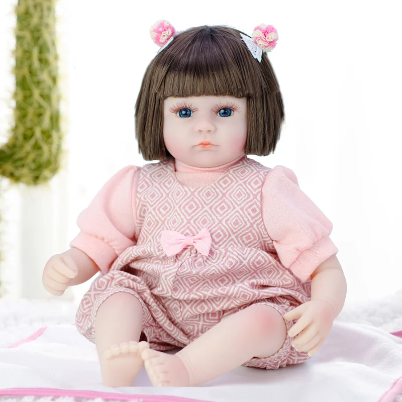 Rebirth Doll Imitation Baby Doll Bowknot Pink Checker Dress Enamel Soft