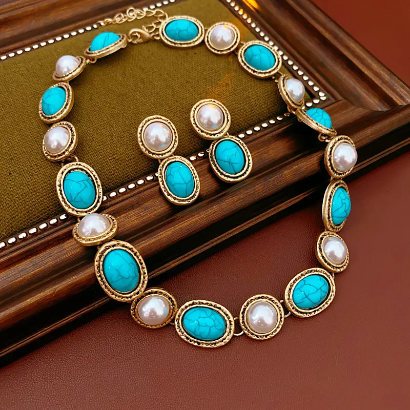 Vintage Design Oval Imitation Pearl Earrings Choker Necklace French Elegant