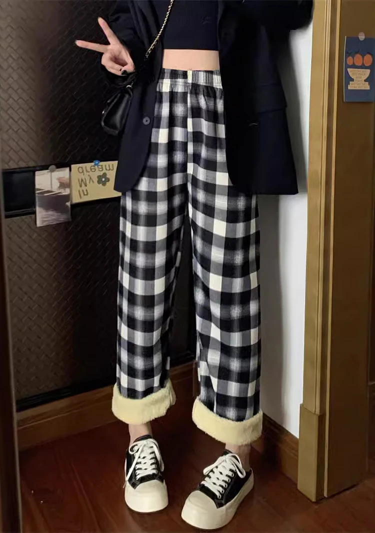 Polyester Plaid Wide Leg Pants for Women Fall Winter
