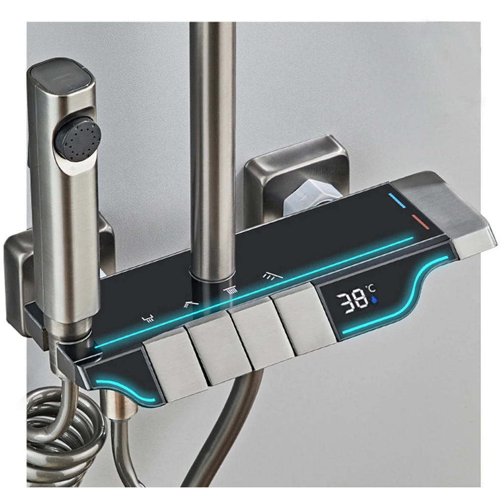 Top1 Piano Key Shower Set Bathroom Brass Thermostatic Shower System Digital Display Shower Faucet Set 4 Function Rain Shower Set