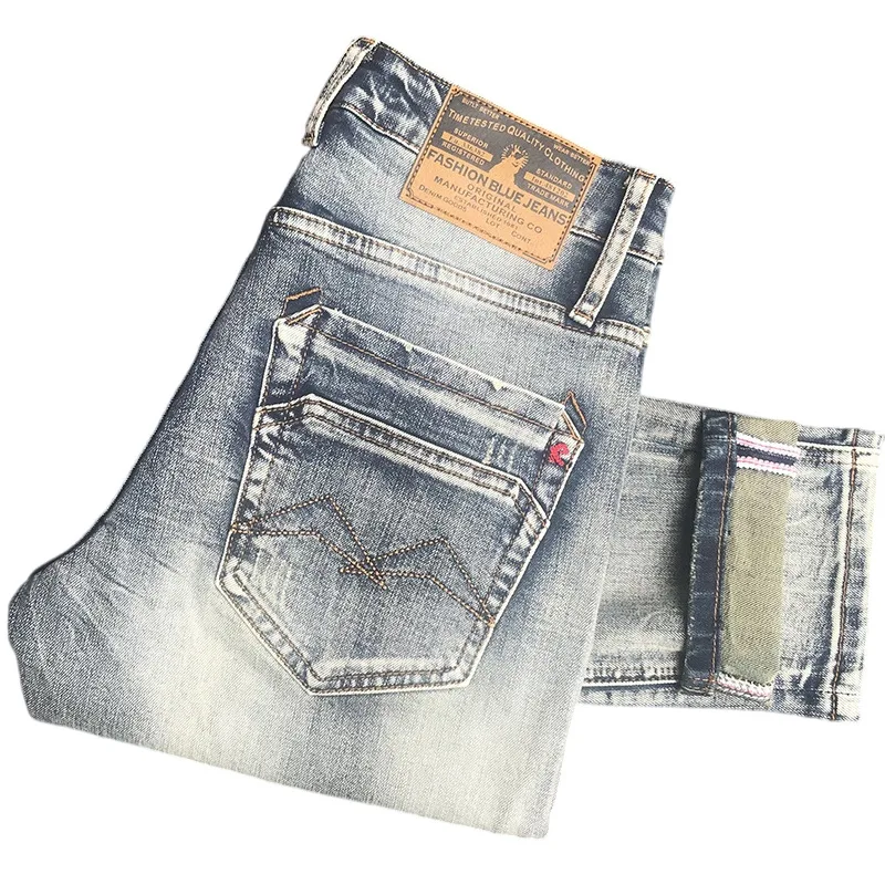 2024 New Retro Washed Worn Jeans Young Men Trend Fashion Classic Slim Fit Skinny Stretch Nostalgic Men's Trousers