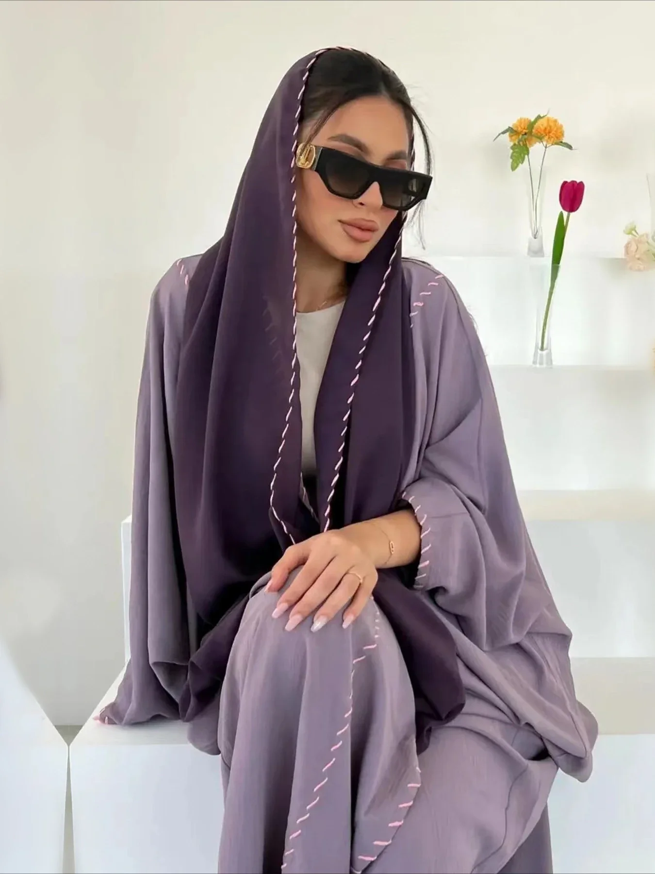 Abaya avec écharpe pour femmes musulmanes, ensemble 2 pièces, cardigan long, robe longue décontractée, caftan, fête du Ramadan, caftan modeste