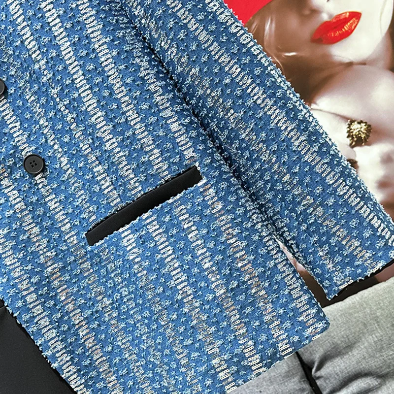 PFHQ New Korean Popular Fashion Versatile Denim Splicing Color Design Casual Loose Suit Contrast Color Male Tops 21Z5738