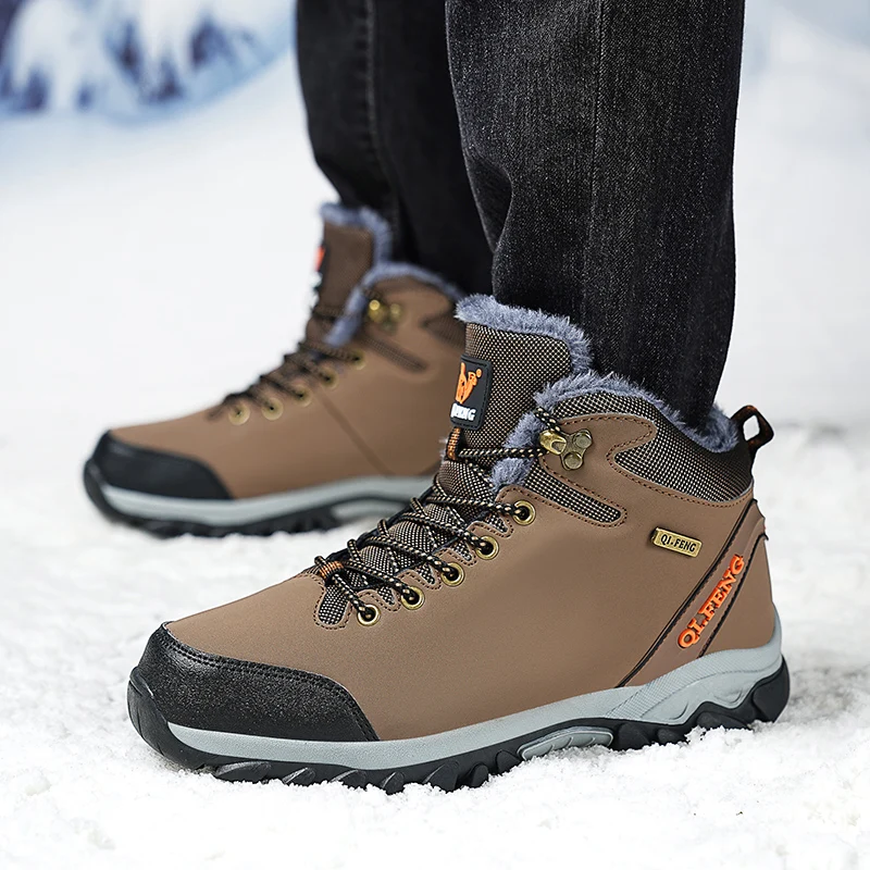 

Men Hiking Boots Plush Fur Warm Outdoor Non Slip Safety Shoes High Quality Waterproof Work Ankle Boot Climbing Shoes in Winter