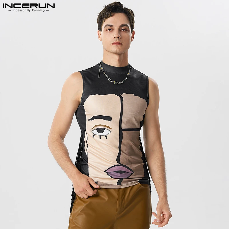 

Повседневные женские стильные топы, облегающие мужские жилеты с абстрактным рисунком лица, Модные жилеты с кисточками и круглым вырезом