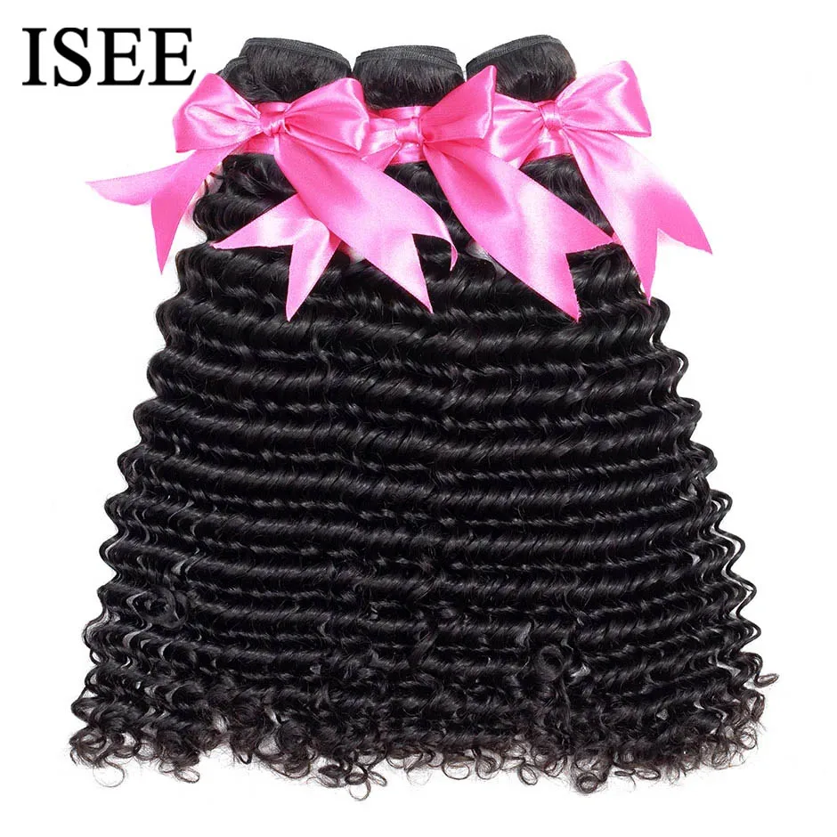 ISEE HAIR Mongolian Deep Curly Hair Extensions Human Hair Bundles Nature Color 1/3/4 Bundles Hair Weave Deep Wave
