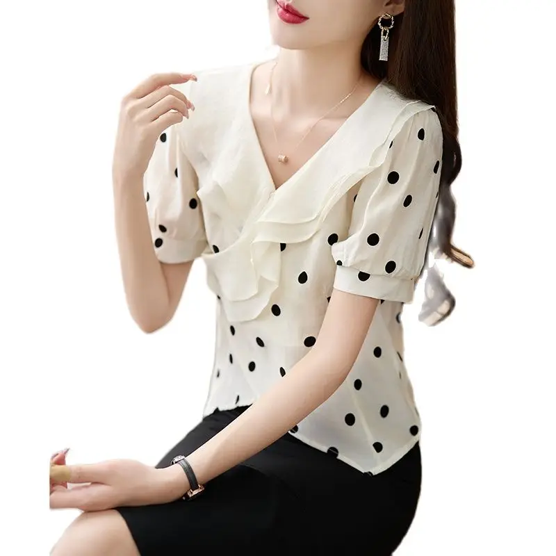 French Style Office Lady Shirts Female Summer V-neck Hubble-bubble Sleeve Chiffon Blouses Irregular Ruffles Patchwork Woman Tops