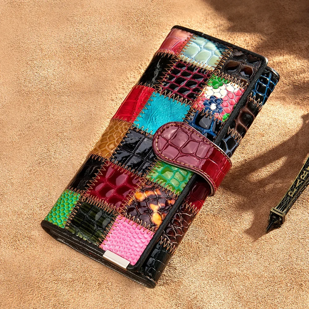 Genuine Leather Patchwork Long Wallet For Women
