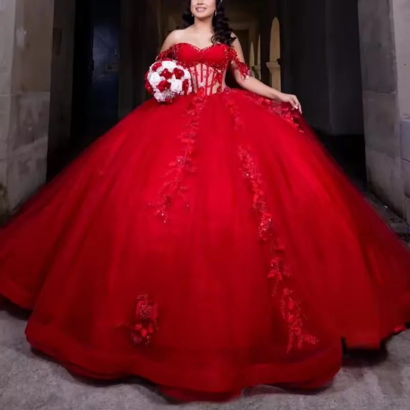 Bomaris Red Off Shoulder Ball Gown Quinceanera Dresses Vestidos De 15 Anos Vintage Appliques Birthday Princess Party Customized