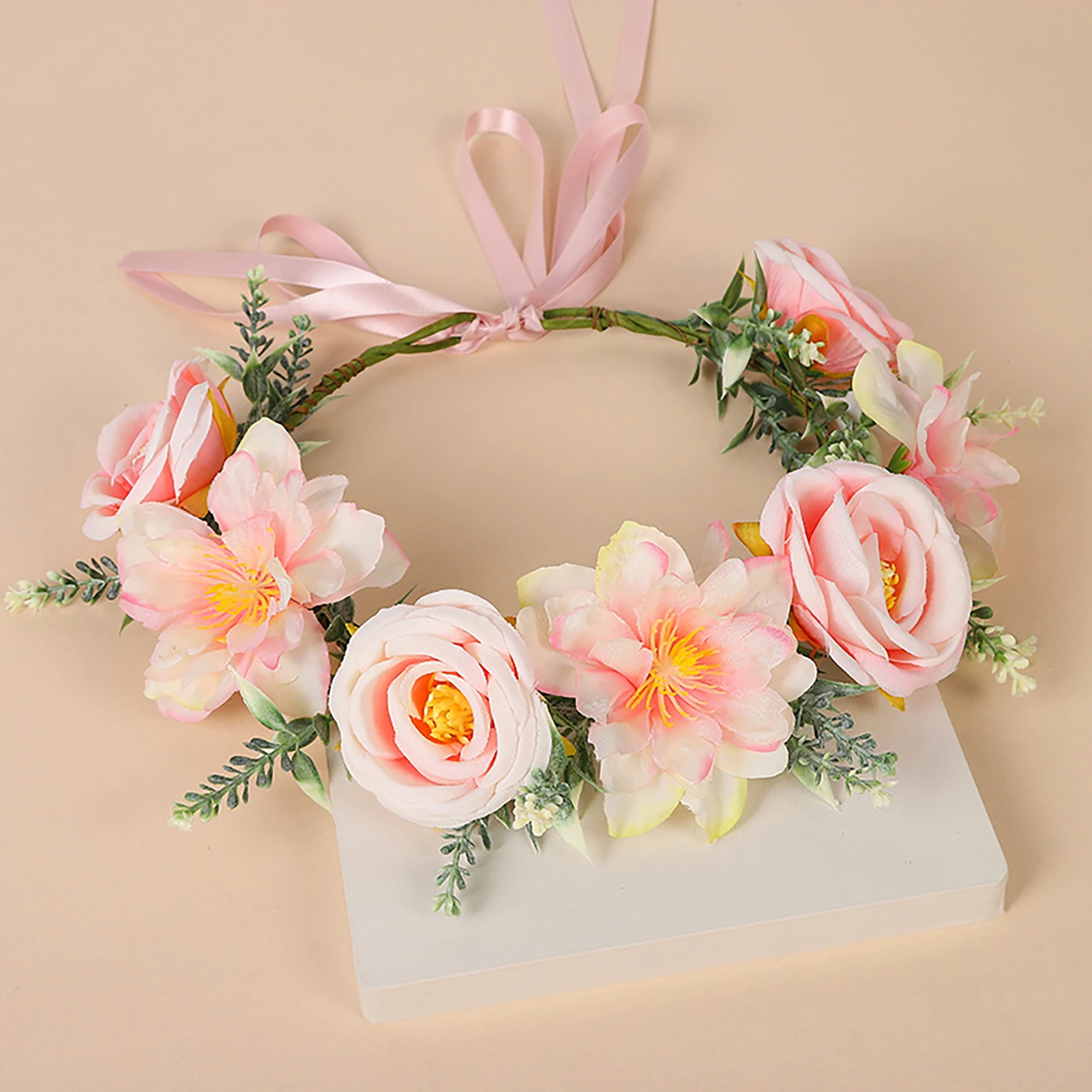 Fee handgemachte Blumenkrone für Frauen elegante simulierte Blumenkranz Haarband Mädchen Outdoor Strand Fotografie Haarschmuck – Detail 12