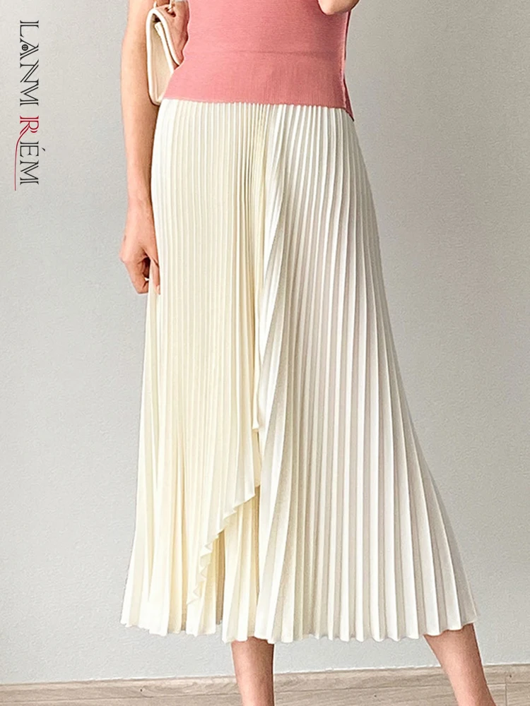 

LANMREM Pleated Irregular Long Skirts For Women High Elastic Waist Solid Color Luxury Party Clothing 2023 Autumn New 2DA1882
