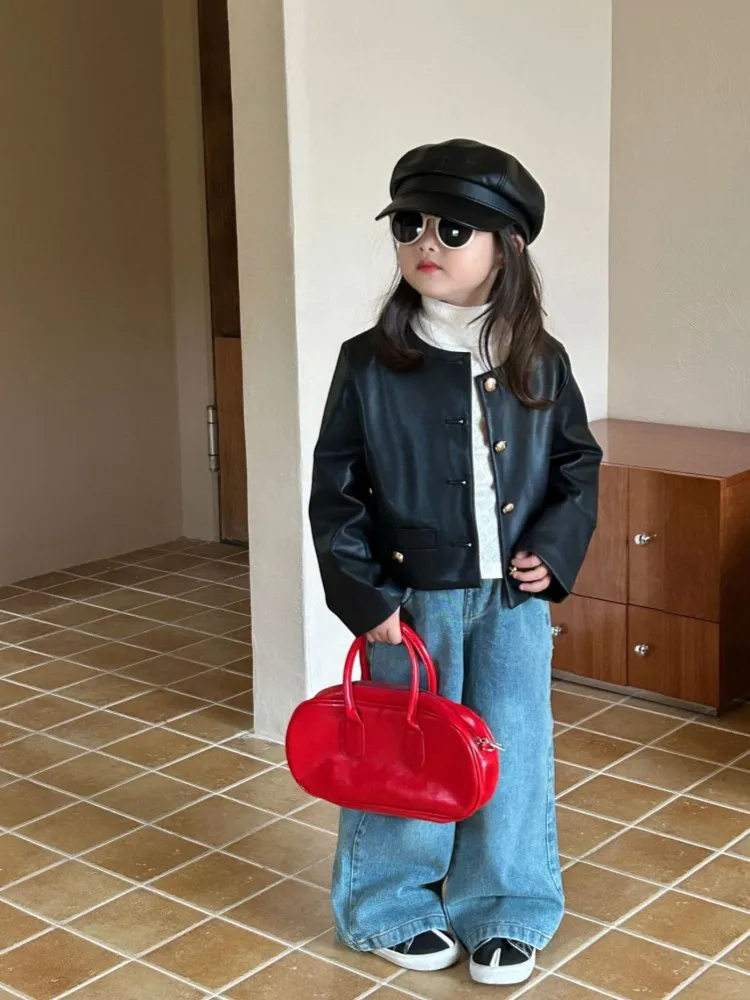 

2023 Autumn New Children's Wear European and American Style Girls' Fashionable Short Leather Coat Small Fragrance Round