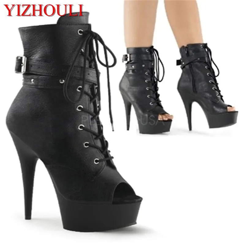 

Platform high heel ankle boots with thick bottom, side zipper front lacing fish mouth ankle boots, 15CM fashion stage dance sho