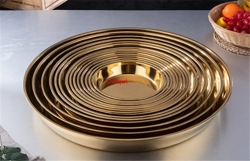 Gold stainless steel big round Serving Tray Plate steak Dish Dinner BBQ Grill Meat
