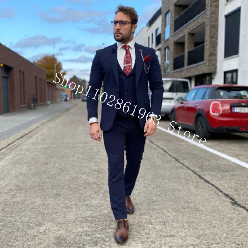 Navy Blue Formal Weeding Suits For Men 3 Pieces Male Suits Groomsmen Bridegroom Wedding Tuxedos Blazer+Vest+Pants Costume Homme