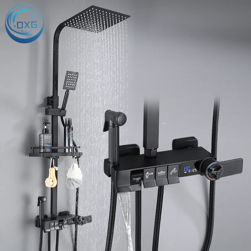 OXG Brass Bathroom Shower Faucet Set Thermostatic Bathroom  Shower System Digital Display Rainfall Shower Set Waterfall Spout