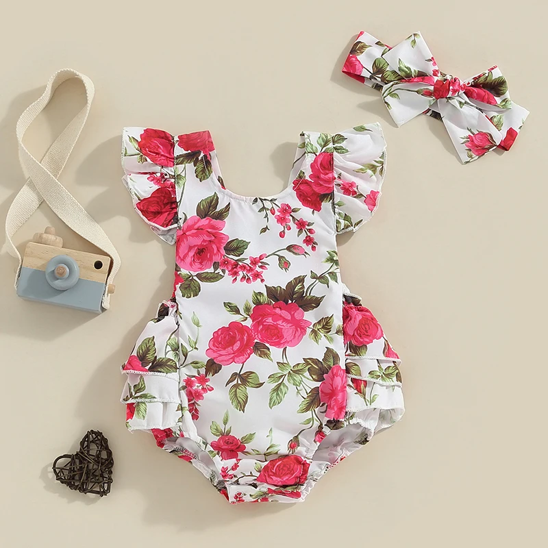 

Newborn Baby Girl Flower Print Romper Fly Sleeve Crew Neck Outfit with Hairband Summer Clothes