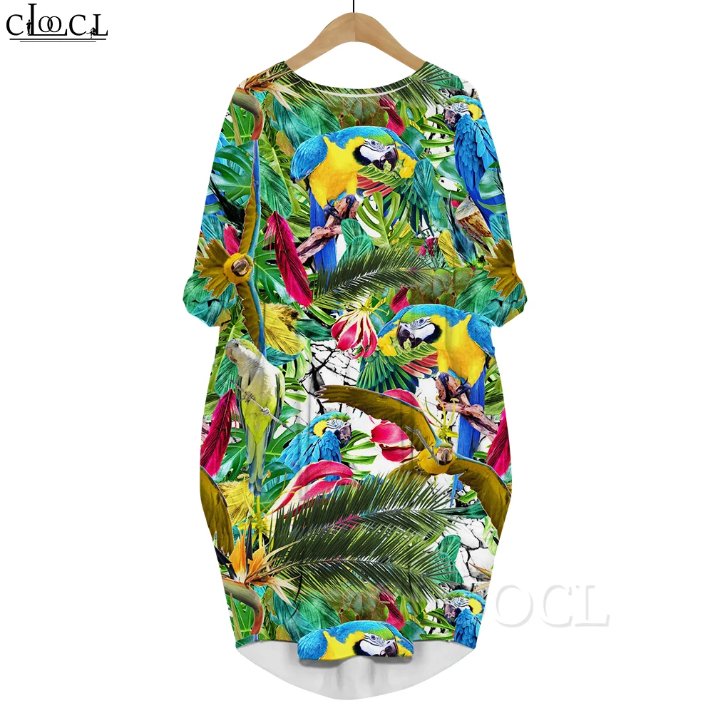 

CLOOCL New Popular Parrot Printed Dress Fashion Casual Dress with Pockets Harajuku Women Party Clothing Long-sleeve Dress