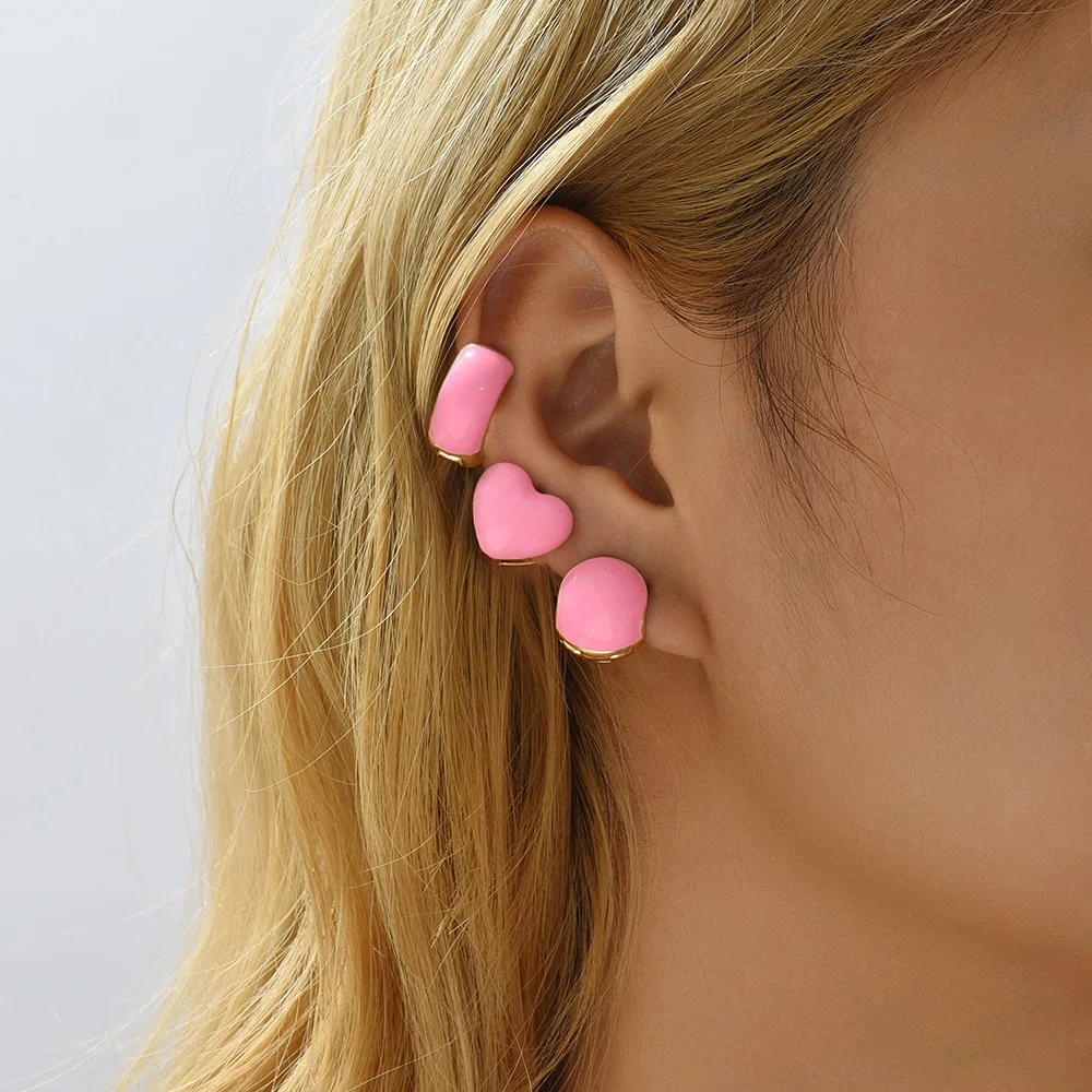 Cute Enamel Pink Geometric Round Heart Hoop Earrings Minimalist Gold Color Copper CZ Zirconia Hoop Huggies Korean Jewelry Gifts