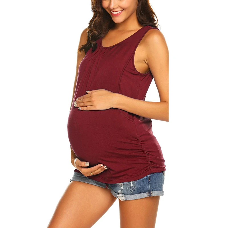 Maternity Tank Top Womens Nursing Shirt Casual Sleeveless Side Ruched Crew Neck Basic Nursed Vest Pregnancy Breastfeeding Tee 3