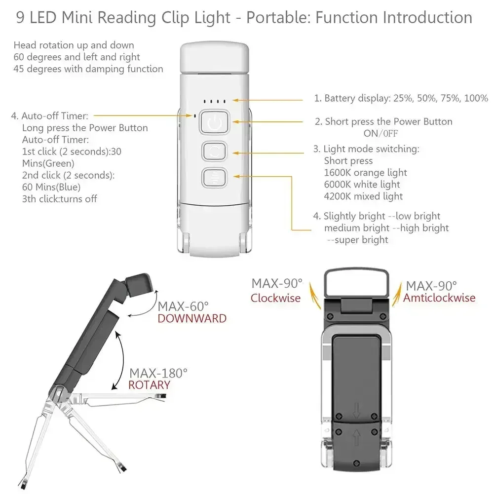 Portable Rechargeable Book Light with 3 Lighting Modes Clip-on LED Reading Light for Books Adjustable Brightness Reading