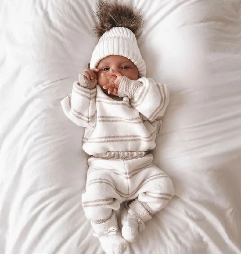 0-3T Newborn Kid Baby Boy Girl Winter Sweater Clothes Set Striped