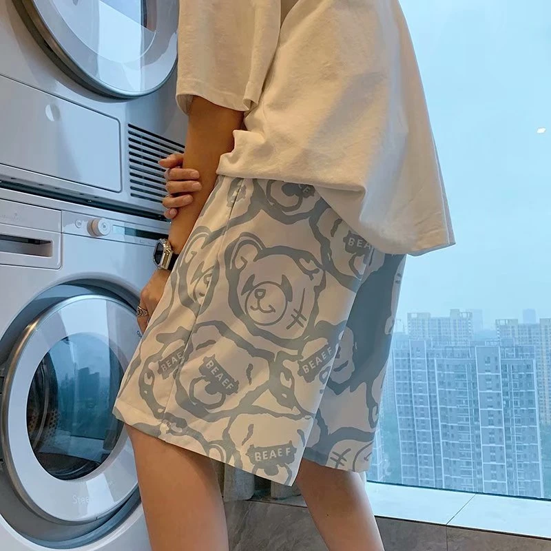 B-boy Trends Bear Print Shorts Male Loose Knee Length Shorts Hip Hop Fitness Pants Summer Outdoor Sport Street Punk Short Pants