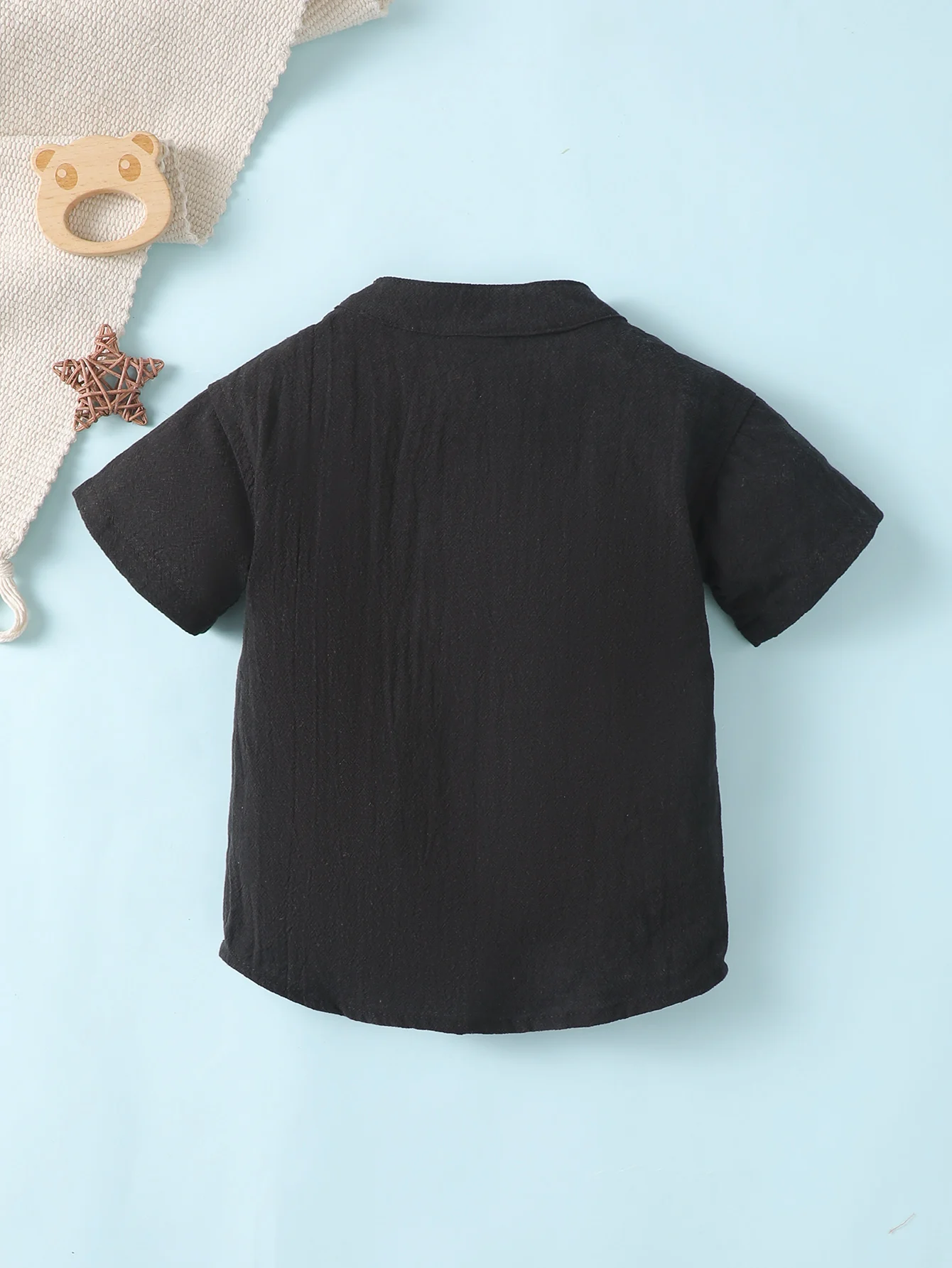 Baby Boy Small Stand Collar T-Shirt All-Match Short-Sleeved Pocket Anti-Dirty Pure Black Top