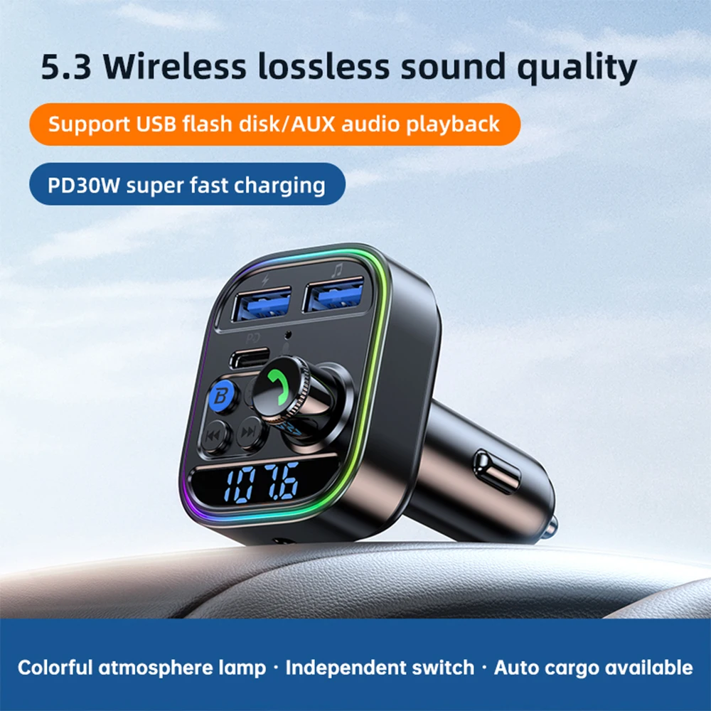 

Bluetooth 5.3 FM Transmitter Dual USB PD Type-C Car Fast Charger Adapter AUX Radio Receiver MP3 Player Handsfree Call 12V-24V