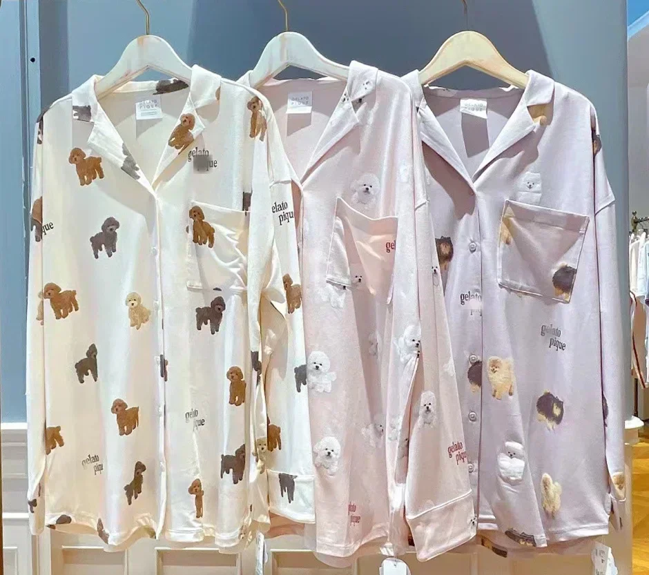Room Wear Ladies Pajamas Autumn and Winter New Women's Nightdress Teddy Bichon Pomeranian Long Sleeve Dress Cotton