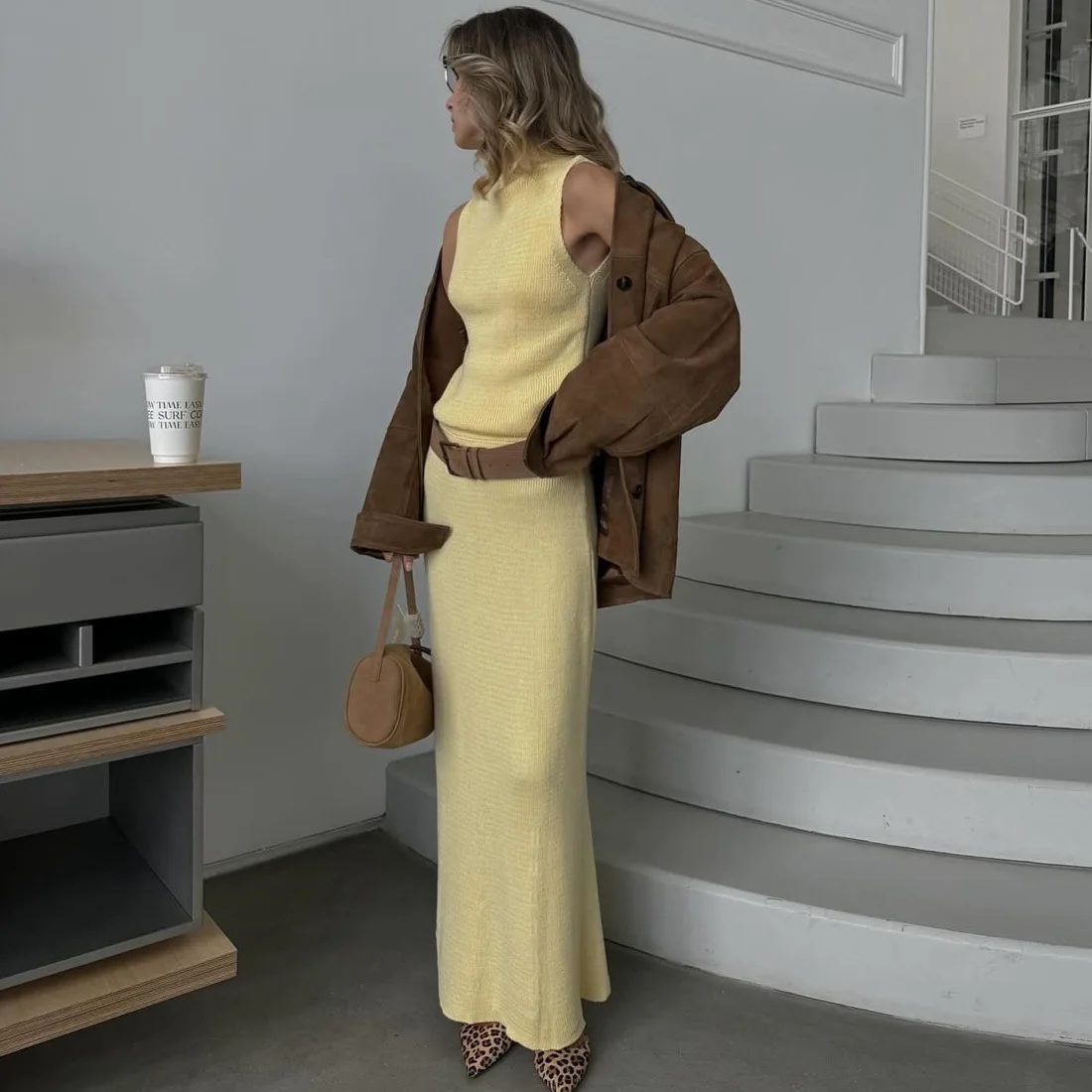Elegant Sweater Two Pieces Set Sleeveless Knitted Turtleneck Vest High Waist Skirt Female Solid Slim Dress Sets 2025 New