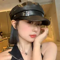 Bérets en cuir Pu noir pour femmes, casquettes de journal à dessus plat, Vintage, protection solaire angleterre, plates Y2k Gils, Style Punk 3