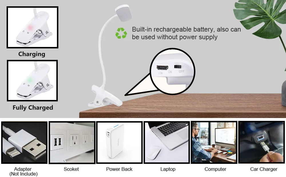 Lâmpada para Crianças Luz de Leitura Clip na Lâmpada com 5 Cores e 5 Leds Brilho Olho Proteger Usb Recarregável Cama Parede Mesa Ler 36 7 lâmpada com 5 cores e 5 brilho