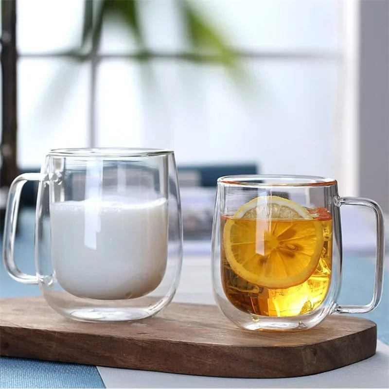 Glass Mug 150-350ml Heat Resistant High Borosilicate Double Wall Coffee Cup with Handle Milk Water Cup Clear Gift
