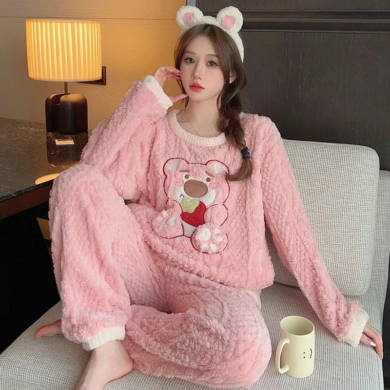 Flannel Pajamas Women Cartoon Coral Fleece Thickened Warm Loose Homewear Suit Female Large Size Round Neck Sleepwear Sets 2024