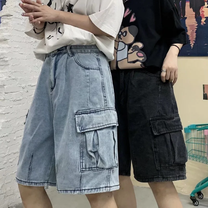 

American Retro y2k Black Jeans Trend High Street Pocket Tooling Loose Wide-leg Pants Five-Point Denim Shorts For Men And Women