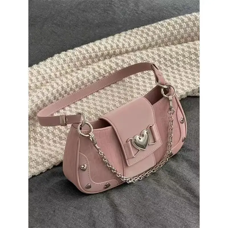 JIAERDI Hot Grils Y2k Handbag Women Vintage Sweet Cool Heart Chain Pink Underarm Bag Female Fairycore Aesthetic Shoulder Bag new